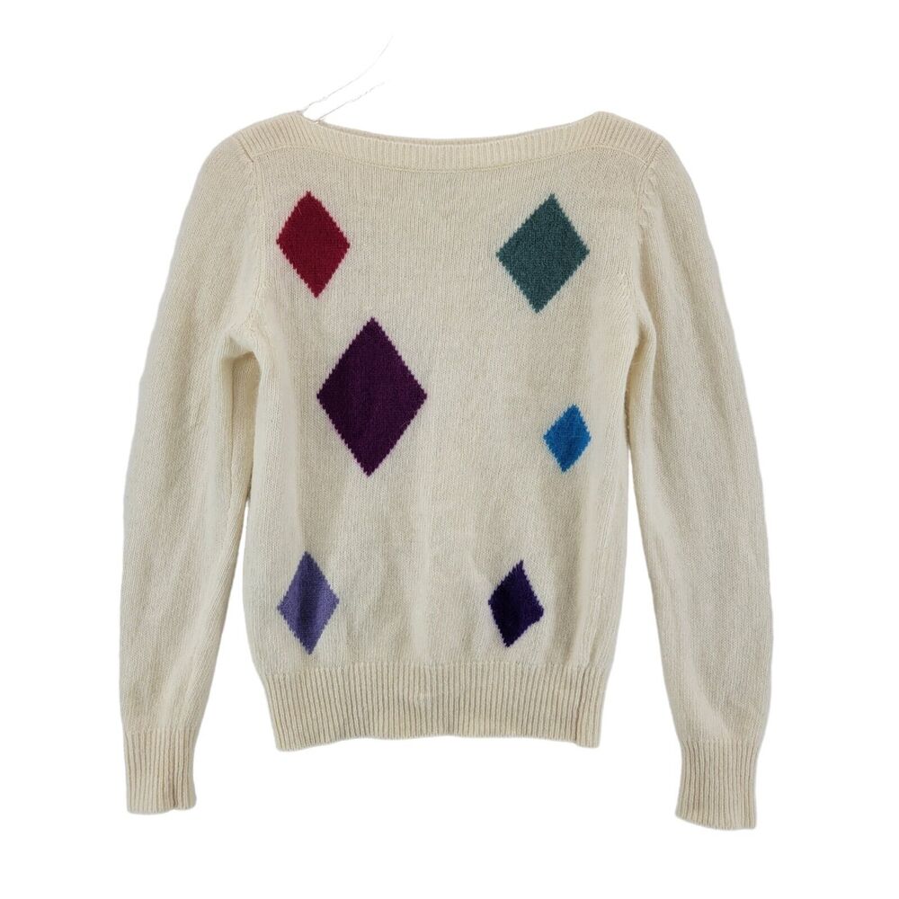 Vintage Women's Lambswool Angora Boatneck Sweater S XS‎ Ivory Colorful Diamonds